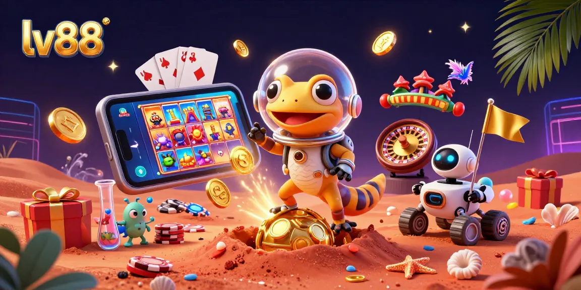 Vividly experience lv88's thrilling gaming atmosphere with a Martian gecko discovering a golden casino!