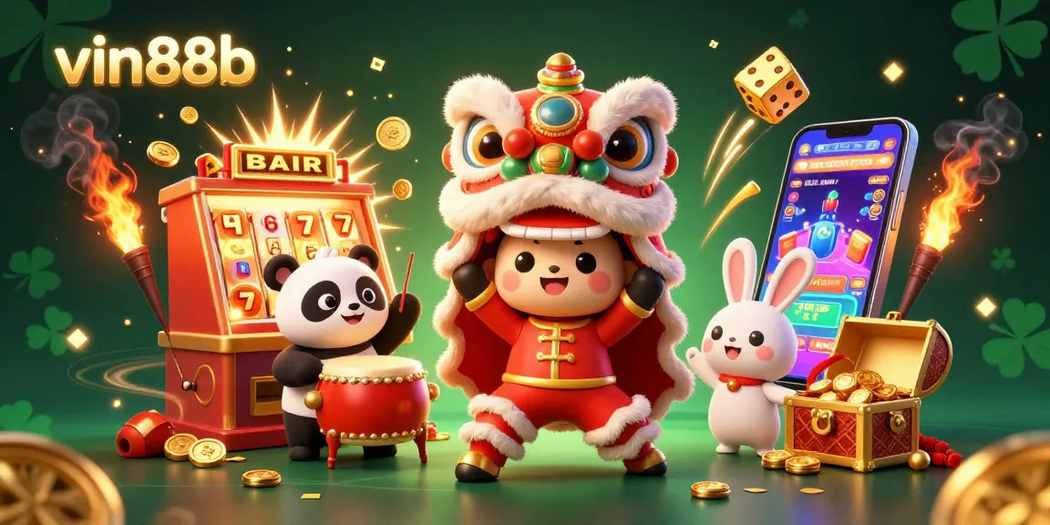 Experience thrilling wins at vin88b with a vibrant casino-themed 3D illustration showcasing exciting games and characters.