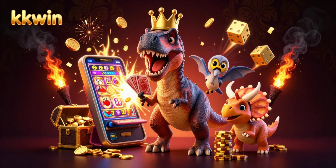 Experience kkwin's dynamic gameplay with a cartoon T-Rex, vibrant casinos, and exhilarating action.