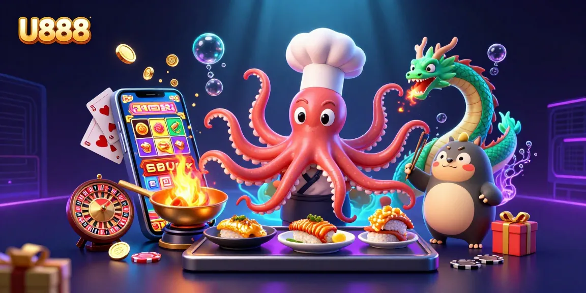 U888 thrills with a colorful slot game scene featuring a cartoon octopus chef, dragon, and tanuki.