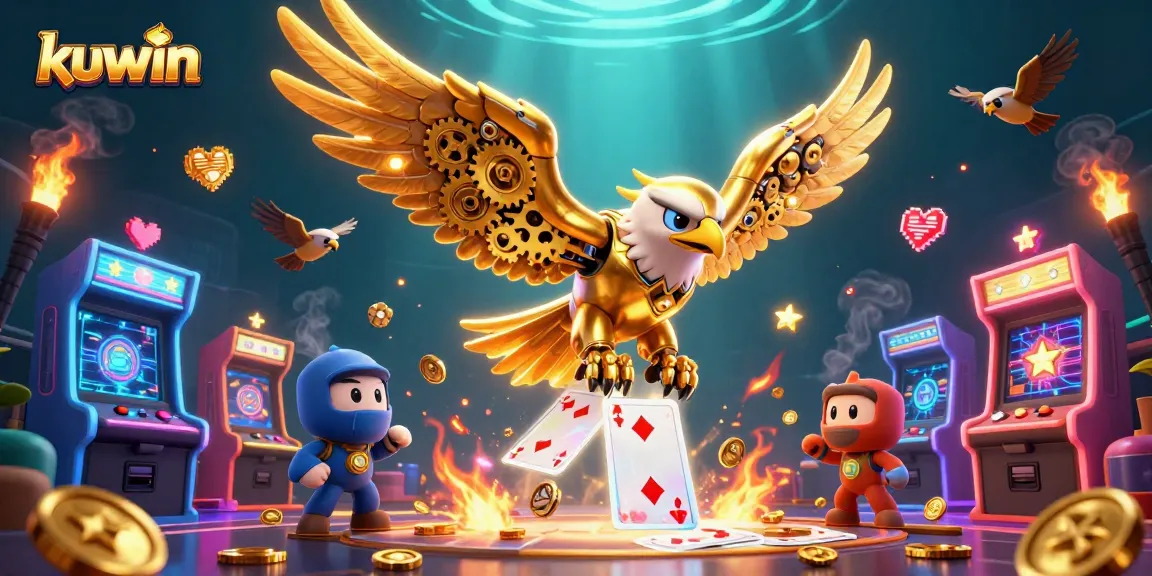 Experience thrilling wagers with Kuwin, under a cascade of playing cards in a vibrant arena.