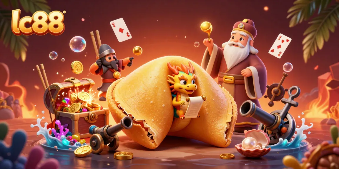 Experience lc88's exciting casino adventures with a golden fortune cookie, dragon, and animated game elements.